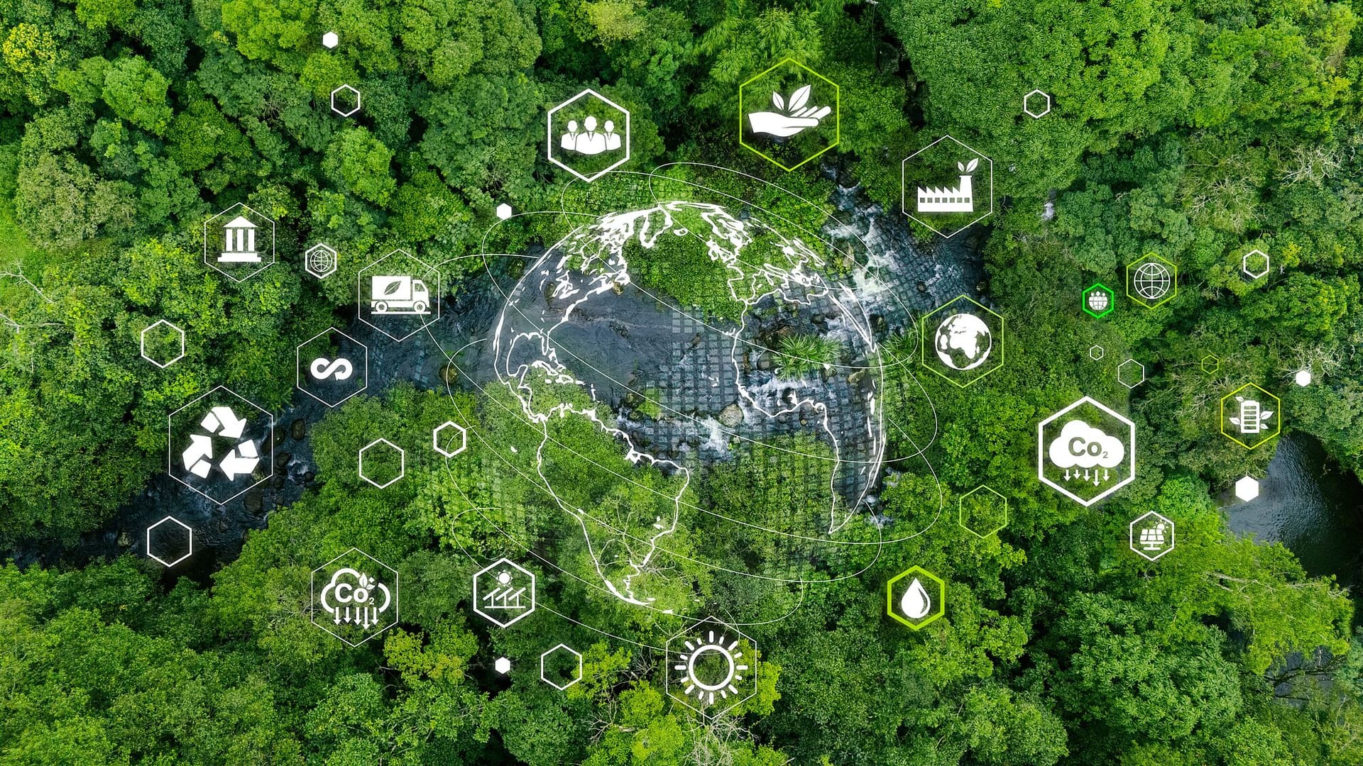 Waldlandschaft aus der Luft mit Umweltsymbolen